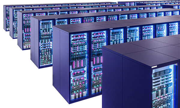 Illuminating server racks storing digital information 3d