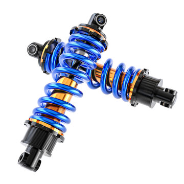 3d blue and gold shock absorbers on transparent background