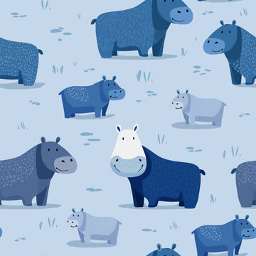Vector blue color seamless pattern with cute hippos on blue field background