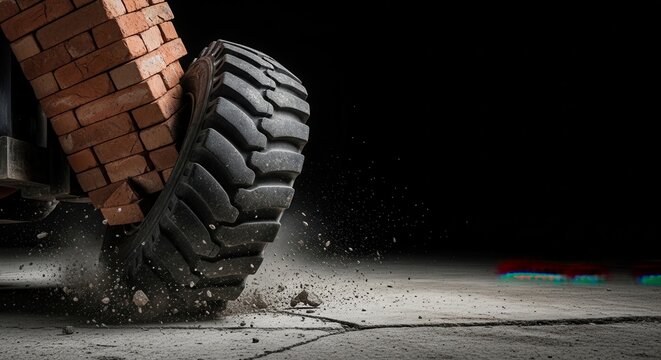 Heavy tire crushing bricks on ground, showcasing tire's power in action. Tire moving rapidly breaks through bricks, creating dust and debris on surface.