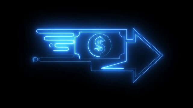 glowing neon fast money transfer icon, fast pay icon isolated on black background. symbolizing quick financial transactions and efficient payment processing. 4k video animation.