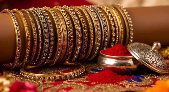 Traditional gold bangles and red vermilion powder for Indian festivals