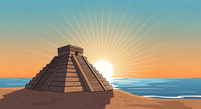 Ancient step pyramid on tropical beach at sunrise vector illustration