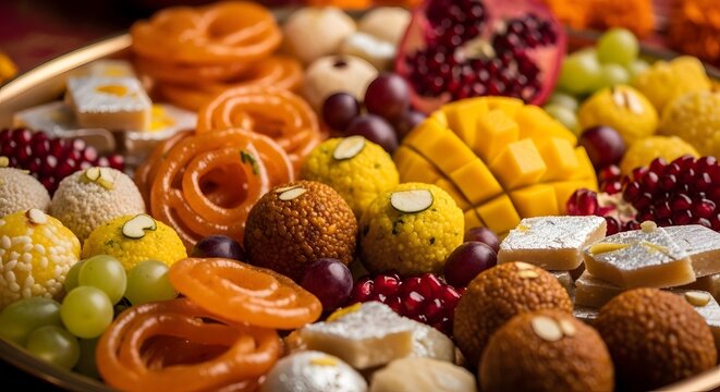 Traditional Indian sweet platter with jalebi and fruits for celebration