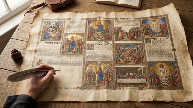 Scribe writing on ancient parchment manuscript with biblical illustrations. Old scroll depicting life of Jesus and apostles. Historical religious document representing holy scripture study.