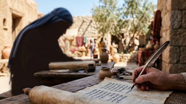 Man writing with feather quill on parchment scroll in ancient city. Apostle or scribe creating biblical manuscript. Historical theme of acts of apostles and religious tradition.