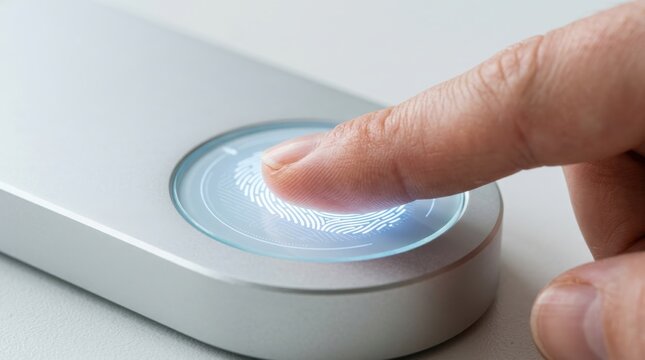 Finger placing print on round biometric reader on desk. Digital identity verification concept.
