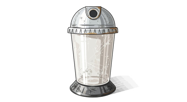 Retro trash can with transparent body and metal lid, isolated on white background.