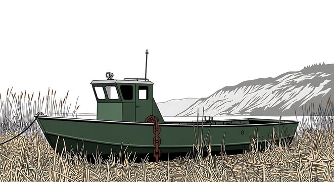 Green utility boat docked on grassy shore with mountain landscape