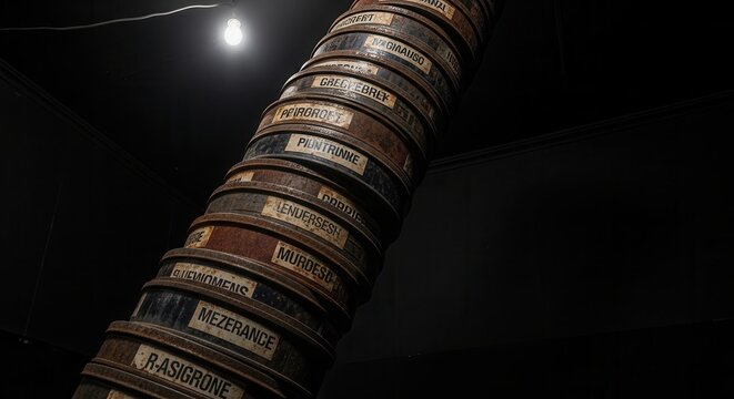 Stacked film reels with labels illuminated by overhead light in dim room. Vintage film reels display unique titles and colors creating an artistic film atmosphere for enthusiasts.