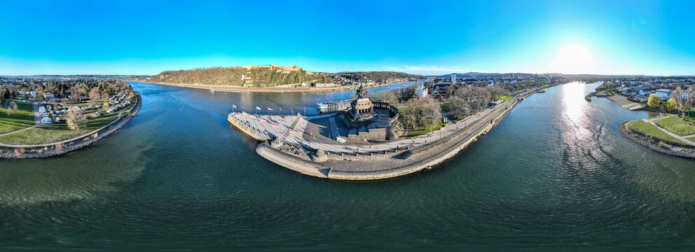 Aerial view of Deutsches Eck where the Mosel river joins the Rhine, Koblenz, Rhineland-Palatinate, Germany.