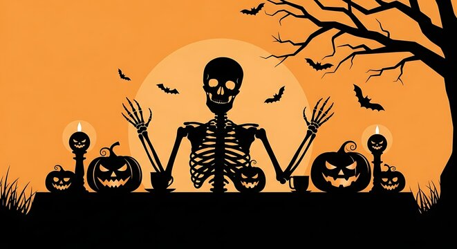 Spooky Halloween skeleton silhouette with pumpkins and large moon