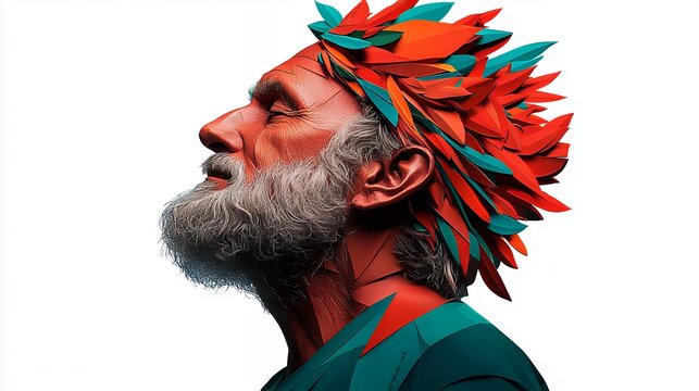 Senior Man in Colorful Geometric Headdress, Profile Portrait