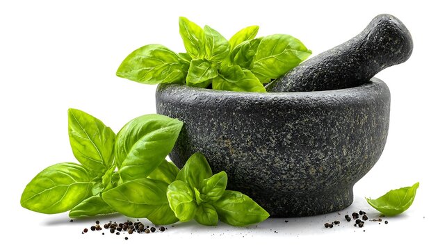 Mortar and pestle with basil leaves isolated on the white background 