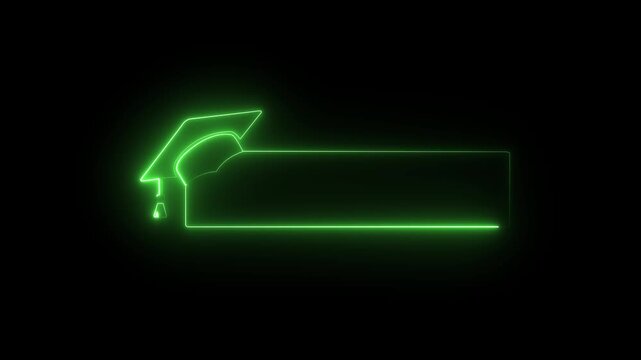 glowing neon graduation cap and blank frame icon isolated on black background. Graduate college, high school or educational cap symbol. degree ceremony hat with line stroke border. 4k video animation.
