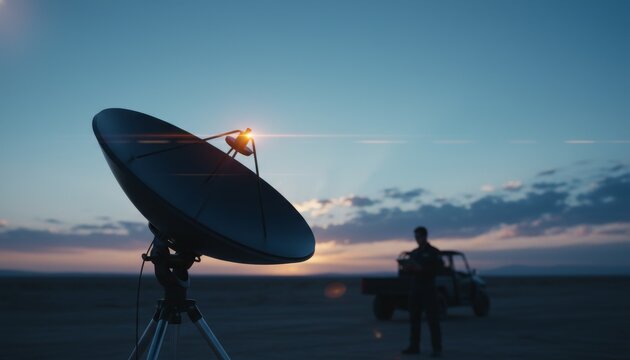 Satellite dish antenna operating in remote desert at sunset