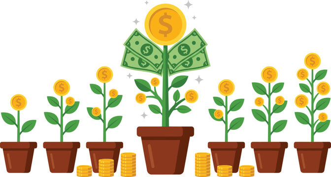 Money Growth Concept Illustration with Dollar Tree, Coin Plants, and Financial Investment Savings for Business Profit, Wealth, and Economic Success Design