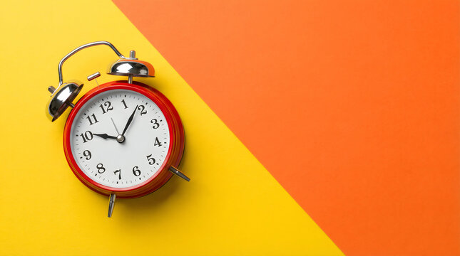 Retro Red Alarm Clock on Yellow and Orange Background