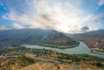 Georgian Aragvi and Kura rivers confluence and Mtskheta city seen from Jvari monastery © artmim