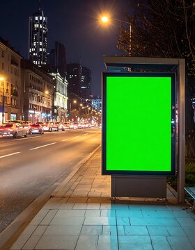 A green billboard on a city sidewalk at night