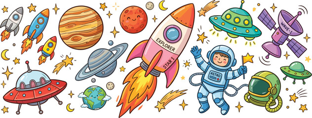 Space Exploration Illustration Set with Rocket Launch, Astronaut, Planets, UFOs, and Satellites for Kids Education, Astronomy, and Science Design © MdRoni