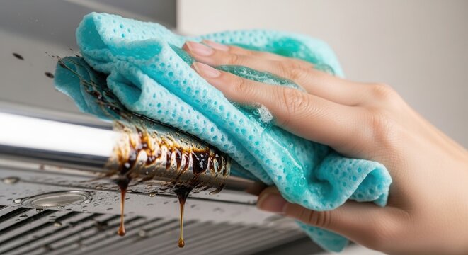 Cleaning surface with blue cloth and removing grease stains from kitchen appliance. Cleaning includes wiping dirt and grime to reveal shiny surface, creating clean and hygienic kitchen environment.