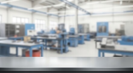 Fototapeta premium Stainless steel workbench top with blurred factory workshop background