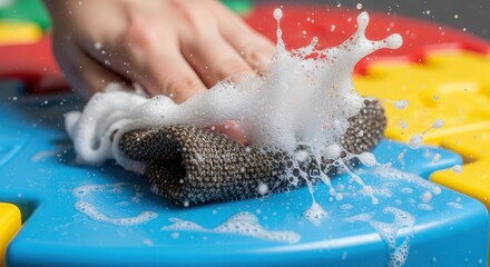 Fototapeta premium Cleaning colorful surface with soapy sponge creating bubbles. Washing process involves scrubbing vibrant plastic mat with hand and soapy water, generating bubbles and splashes.