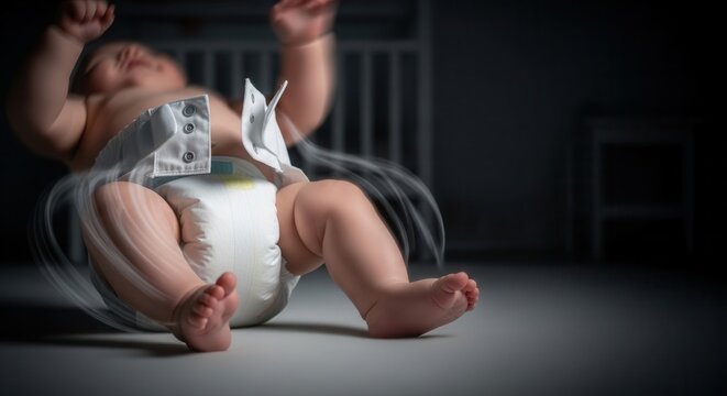 Baby playing on floor with diaper in nursery room, joyful baby exploring space with curiosity and laughter. Infant in diaper expresses happiness while enjoying surroundings in cozy nursery.