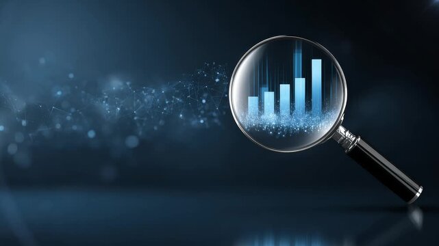 A virtual digital magnifying glass and Chart hologram icon in front of the image, isolated on a dark blue background