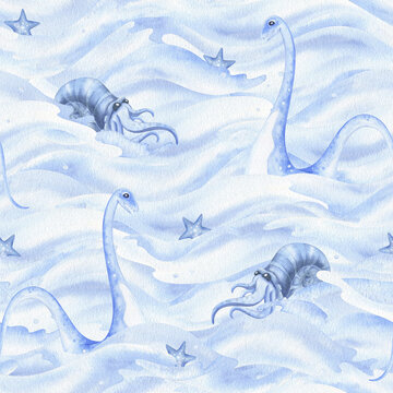 Watercolor marine dinosaurs and ammonites in blue ocean waves. Seamless pattern in cute monochrome children's style. Blue plesiosaur and nautilus with shells, hand drawn kids illustration. Underwater