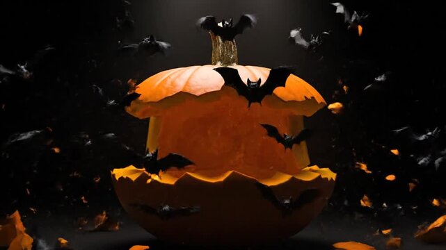 Scary Halloween pumpkin glowing on a grave under the moon at night with bats and spooky dark atmosphere