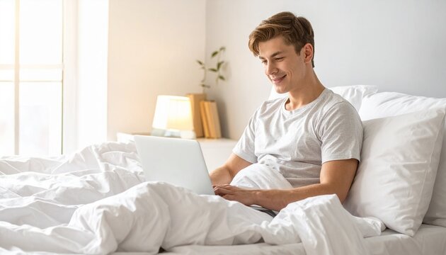 "Person sitting in bed with laptop, surrounded by white bedding, natural light, cozy atmosphere, remote work, study, or leisure."