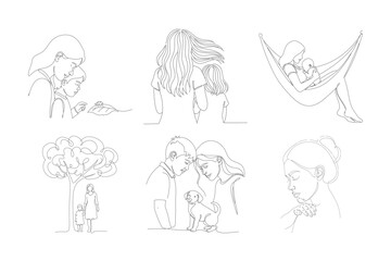 Fototapeta premium Continuous line vector graphics of mother with boy discovering nature looking at ladybug relaxing in hammock and playing with puppy.