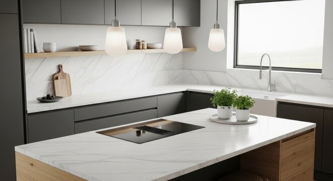 Modern Kitchen Design with Island and Sink.