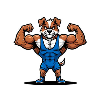 Strong Muscular Dog Bodybuilder Flexing Biceps.