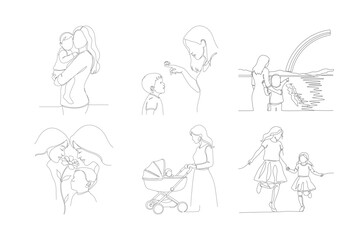 Fototapeta premium Mother gives daughter teddy bear in sweet interaction full of love and care captured in clean minimalist line art.
