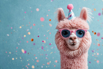 Fototapeta premium Llama wears party hat and sunglasses against blue background with colorful confetti during a festive celebration