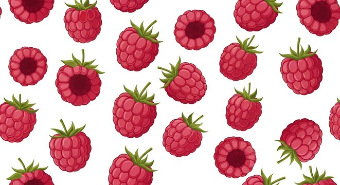 Ripe red raspberry seamless pattern on white background