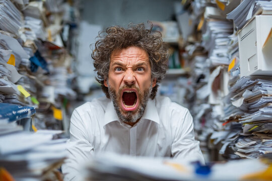 Worker yells in stress while sitting among piles of papers in a cluttered office space late in the day