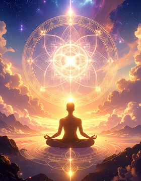 Illustration M&eacute;ditation spirituelle avec g&eacute;om&eacute;trie sacr&eacute;e et &eacute;nergie lumineuse &ndash; Design apaisant moderne