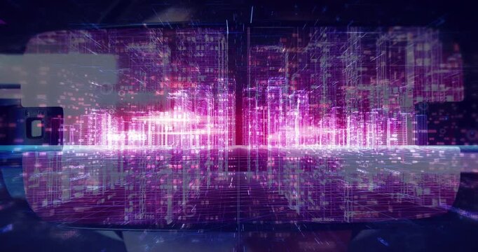 Man experiencing high tech simulation of futuristic smart city. Technology Related 3D Animation.