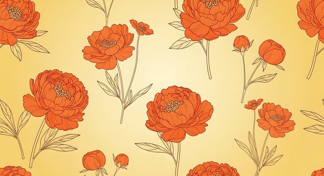 Elegant seamless floral pattern with orange peonies on yellow background