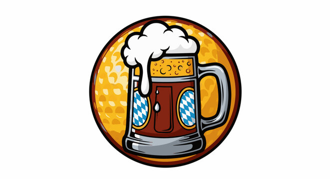 A foamy beer mug with traditional Bavarian diamond patterns on a textured yellow background