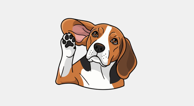 A cute cartoon beagle dog with a paw raised and ear flopped, looking curiously