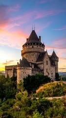 Fototapeta premium A medieval castle with towers and battlements set amidst greenery