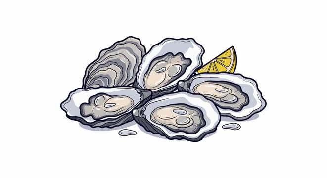 A fresh serving of oysters with a slice of bright lemon