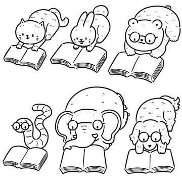 vector set of animal reading book