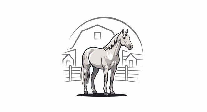 A grey horse stands proudly in front of a stylized barn and fences