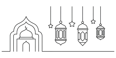 Minimalist one line drawing of a mosque dome with hanging ramadan lanterns and stars. © JoyChandra